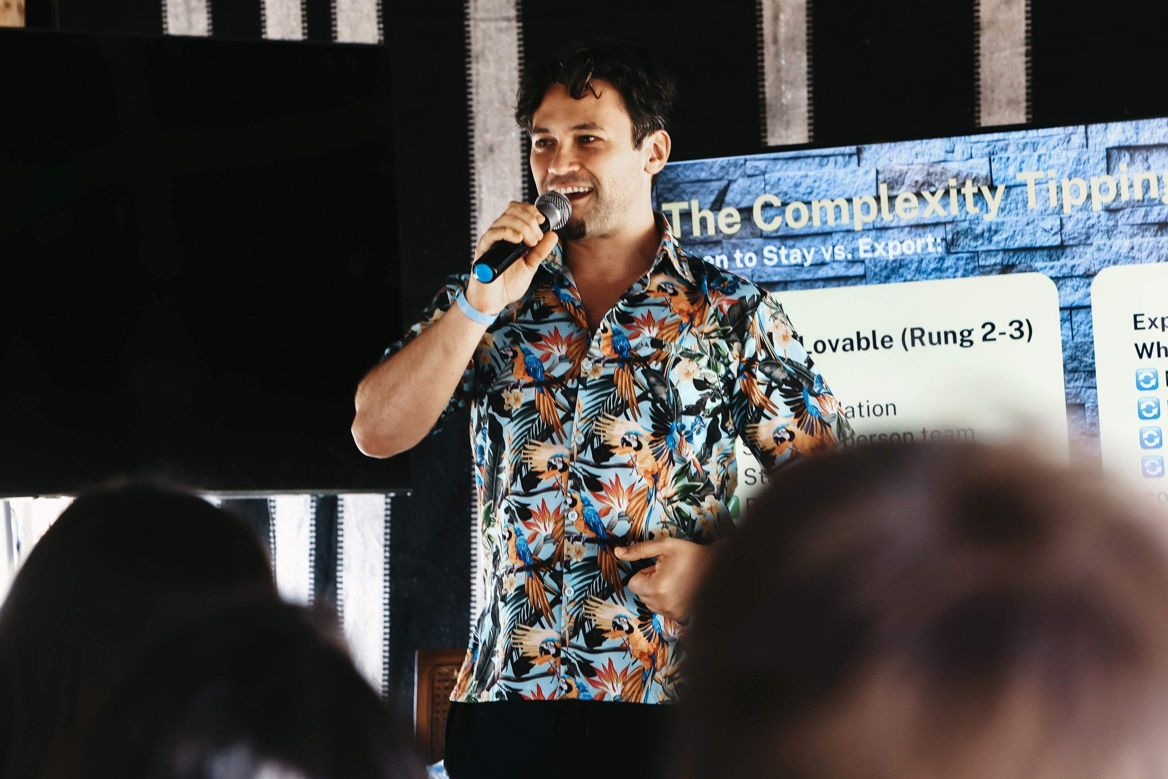 Daniel Duma speaking in front of a slide titled “The Complexity Tipping Point” at Türkiye Nomad Fest